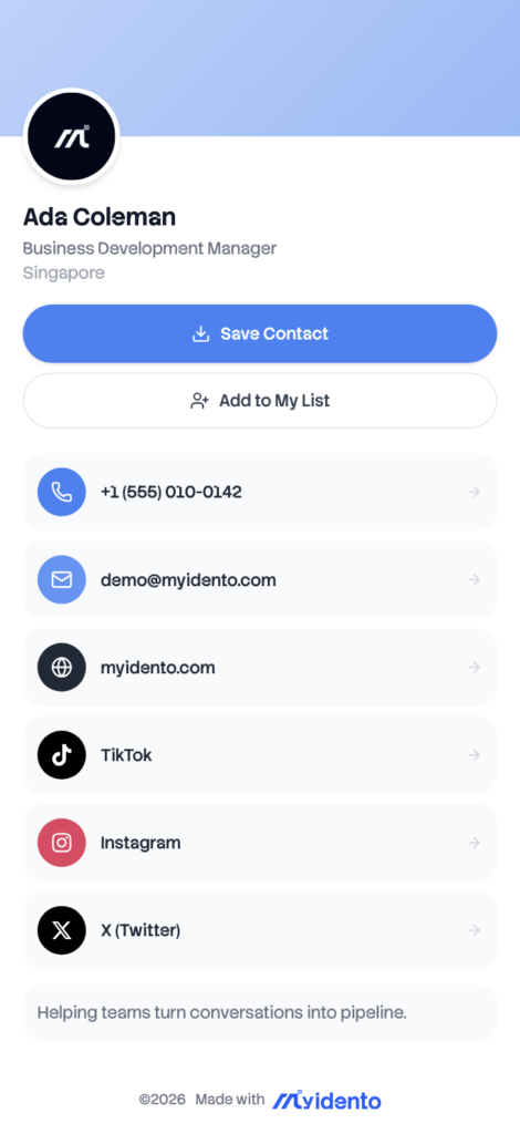 digital business card profile with save contact and social links